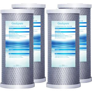 Geekpure 10 Inch Carbon Block Water Filter Reduce Chlorine Taste Odors for Whole House Filtration- 4.5 Inch x 10 Inch -5 Micron-Pack of 4