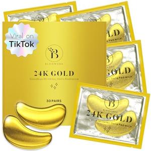 BLOOMORA 24K Gold Under Eye Patches (30 Pairs) - For Dark Circles & Puffiness - Hydrating Eye Mask for a Revitalized Look