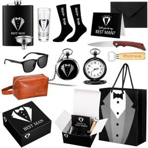 13 Pcs Best Man Proposal Gift Set Stainless Steel Flask Box Bag Shot Glass Bottle Opener Pocket Watch Sunglasses Knife Sock Card Toiletry Bag for Wedding