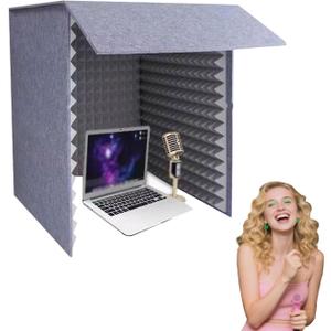 Desktop Soundproof Cover, Portable Vocal Booth, Microphone Isolation Booth Cube, Vocal Absorbing Shield, Small Music Recording Studio for Home Studio (Grey, 60x60cm)