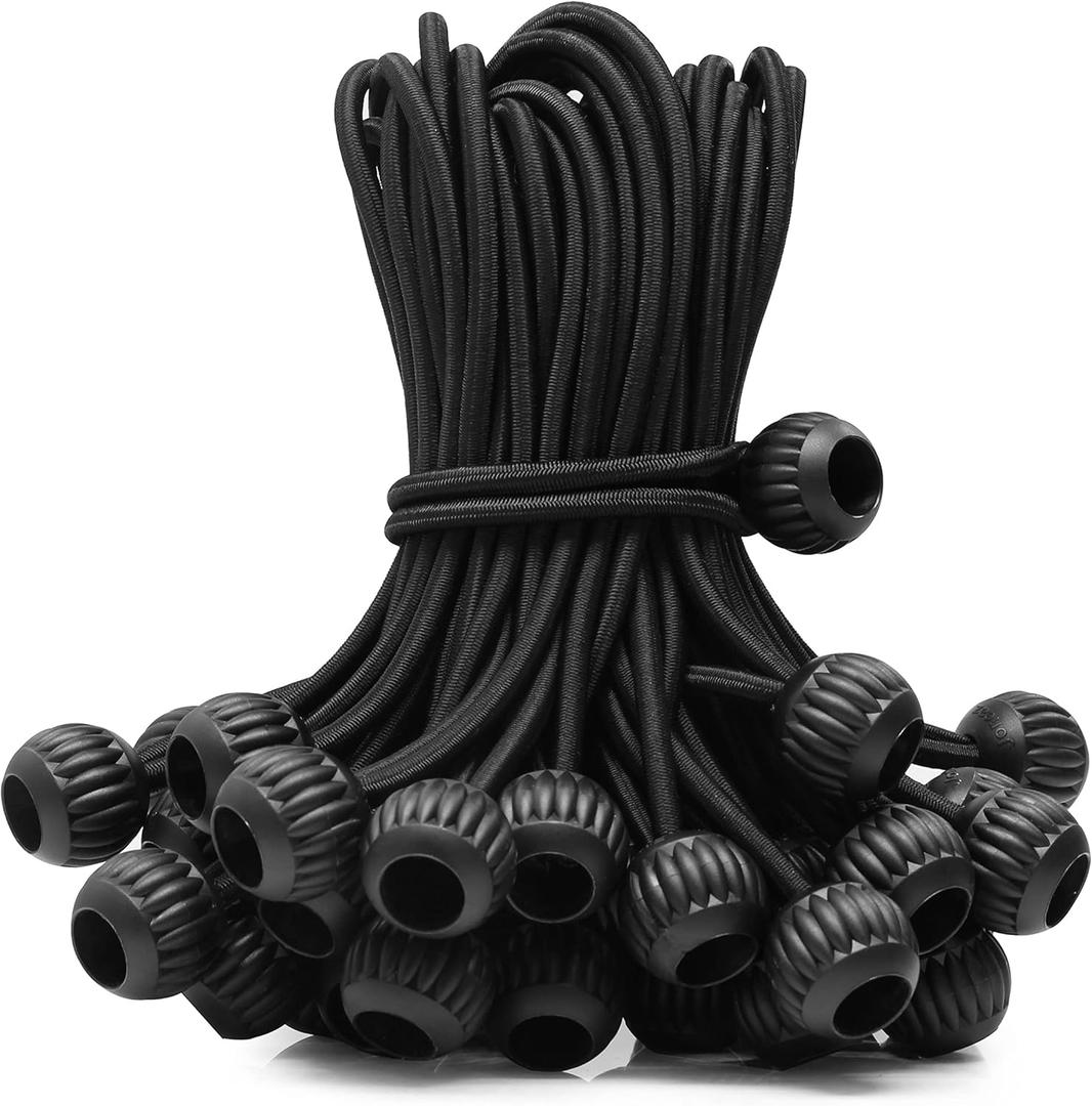 Ball Bungee Cord 4 inch,Black Color, High Elastic Shock Bungee Tie Down Cord, Real Rubber, 50-Piece, UV-Resistant, Heavy Duty