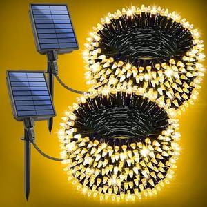 2-Pack 200FT Solar String Lights for Outside, 600 LED Extra-Bright Solar Light Outdoor with 19 Modes & Timer, Waterproof Fairy Solar Lights for Garden Patio Tree Christmas Decorations (Warm White)