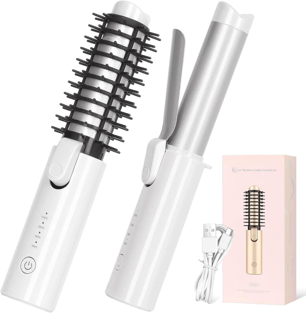 Cordless Curling Iron Brush with 10 Billion Negative Ions-3-in-1 Thermal Brush for Straight, Curly & Voluminous Styles-1.25 Inch Hair Wand for Long & Short Hair, Perfect for Travel (White)