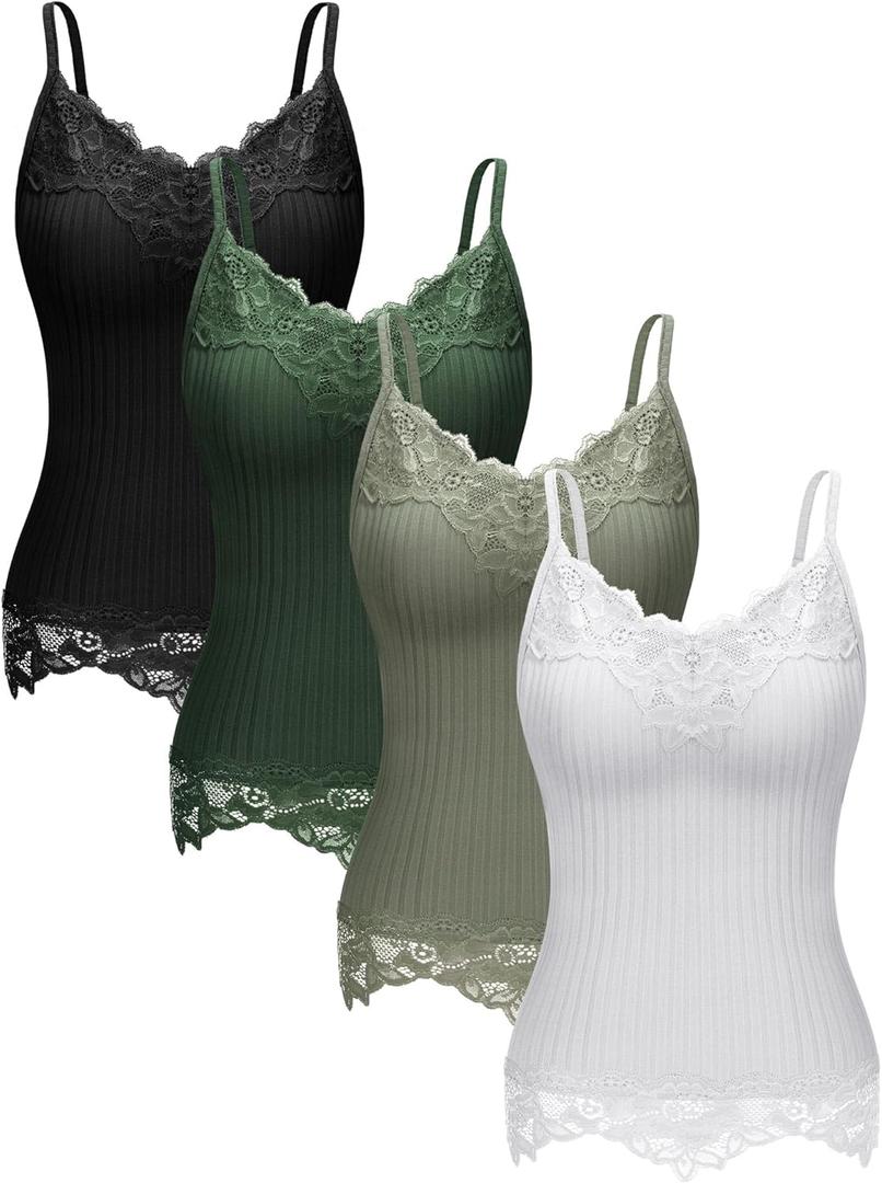 Fourluoo Women's Long Lace Tank Tops lace Camisole Patchwork Tops for Women (X-Large, Dark Green, Black, Olive Green, White)