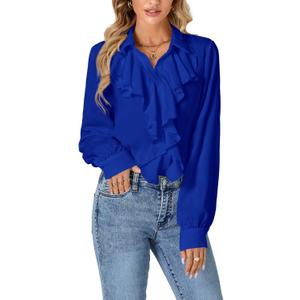 LYANER Women's Dressy Ruffle Blouse Long Sleeve Collar Neck Button Down Victorian Shirt Tops (Large, Royal Blue)