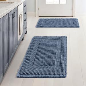 MIULEE Set of 2 Waffle Bathroom Rugs, Boho Bath Rug Super Absorbent, Non Slip Washable Ultra Soft Rubber Backed Shower Bath Mats for Floor, Tub, Shower, Looped Design, Blue, 17x24 Inch