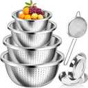 4+3 Stainless Steel Colander Set, 4 Sizes (1.8 qt, 2.3 qt, 3 qt, 4 qt) with 1 Mesh Strainer + 2 10-inch Stainless Steel Round Plates, for Washing Rice, Fruits, Vegetables, Draining Pasta, Meat (7PCS)