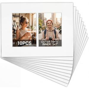Maitys 10 Pack 14x11 Picture Mats with Two 5x7 Openings, White Core Bevel Cut Mat Board for 14x11 Frames, Acid Free Photo Collage Backing for Gallery Wall Display(2-Opening, 14 x 11 Inch)