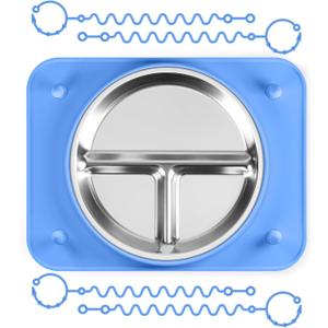 Baby Silicone Mat with Stainless Steel Divided Plate  Non-Slip Suction Base & 4 Straps to Secure Baby Essentials, BPA-Free Self Feeding Placemat for Infants Toddlers High Chair & Dining Table (Blue)