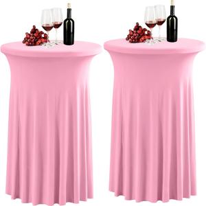 2 Pack Pink Spandex Stretch Round Table Covers with Skirt - 24x43 Inch Fitted Elastic Cocktail Tablecloth for High Top Bar, Party & Wedding Decor, Pink