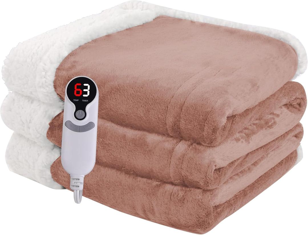 Heated Blanket Electric Throw Size 50''x60'' with 9 Heating Levels, 1-10 Hour Auto Shut Off, Machine Washable, Flannel & Sherpa Double-Sided Soft Warming Blanket for Couch, Bed, Office - Cozy Pink