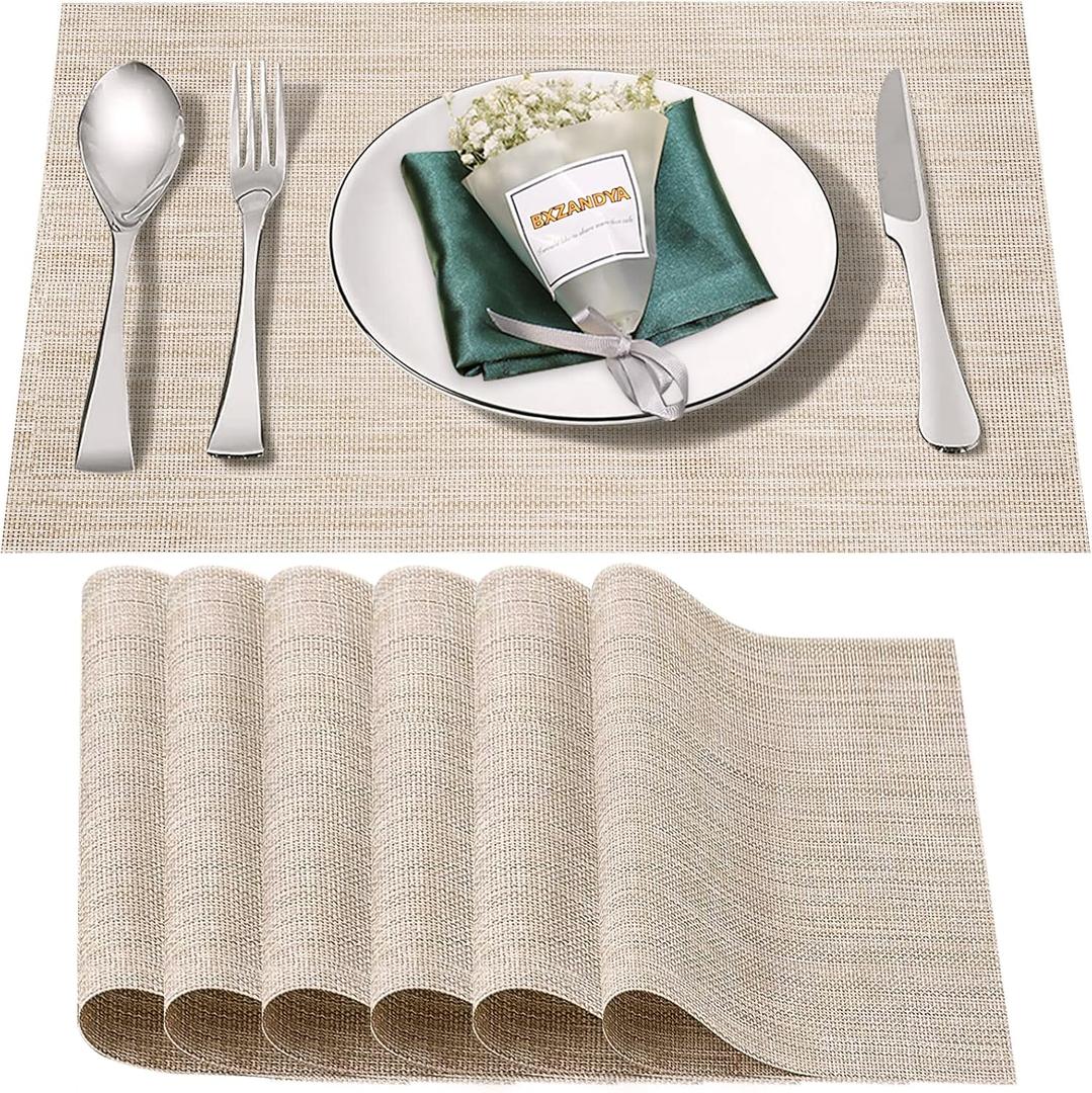 Placemats Set of 6,Washable,Heat and Stain Resistant Indoor/Outdoor Place mats, Vinyl Woven Non Slip Table Mats for Restaurant Table Protection, PVC Placemats (Beige White, 6PCS)