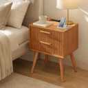 YOSHOOT Fluted Nightstand with Charging Station, Mid-Century Modern Bedside Table with 2 Drawers, Solid Wood End Table with Gold Handles for Bedroom Small Place, Walnut, 17.7×13.6×23.6in