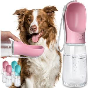 Kalimdor Dog Water Bottle, Leak Proof Portable Puppy Bowl Water Dispenser with Drinking Feeder for Pets Outdoor Walking, Hiking, Travel, Food Grade Plastic (19oz Pink)