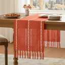 Hemstitched Farmhouse Fall Table Runner, Orange 13x90 Inch, Cotton Linen Table Runners 90 Inches Long, Embroidered Striped Burnt Orange Boho Table Runner Fall Decoration for Home