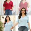 VISLILY Plus-Size-Summer-Tops for Women Henley V Neck T Shirts Short Sleeve Buttons Up Tunics Dressy Eyelet Blouses (Black)