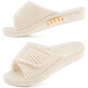 Litfun Orthopedic Slippers for Women Arch Support Indoor House Slippers Adjustable Open Toe Corduroy Bedroom Shoes with Memory Foam for Plantar Fasciitis (10, Beige)