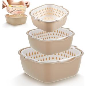 LemonRoad 6 Pcs Drain Colander Bowl Set Fruits and Vegetable Washing Strainer Detachable Double-layer Plastic Kitchen Food Basket, Kitchen Essential Gadgets (White,Grey)