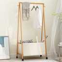 Bamboo Clothing Rack with Top Hanging Garment Rod, 2 Side Hooks & Bottom Fabric Storage Basket and 360° Rotating Wheels, Space-Saving Organizer for toys, Hats, Bags & folded clothes