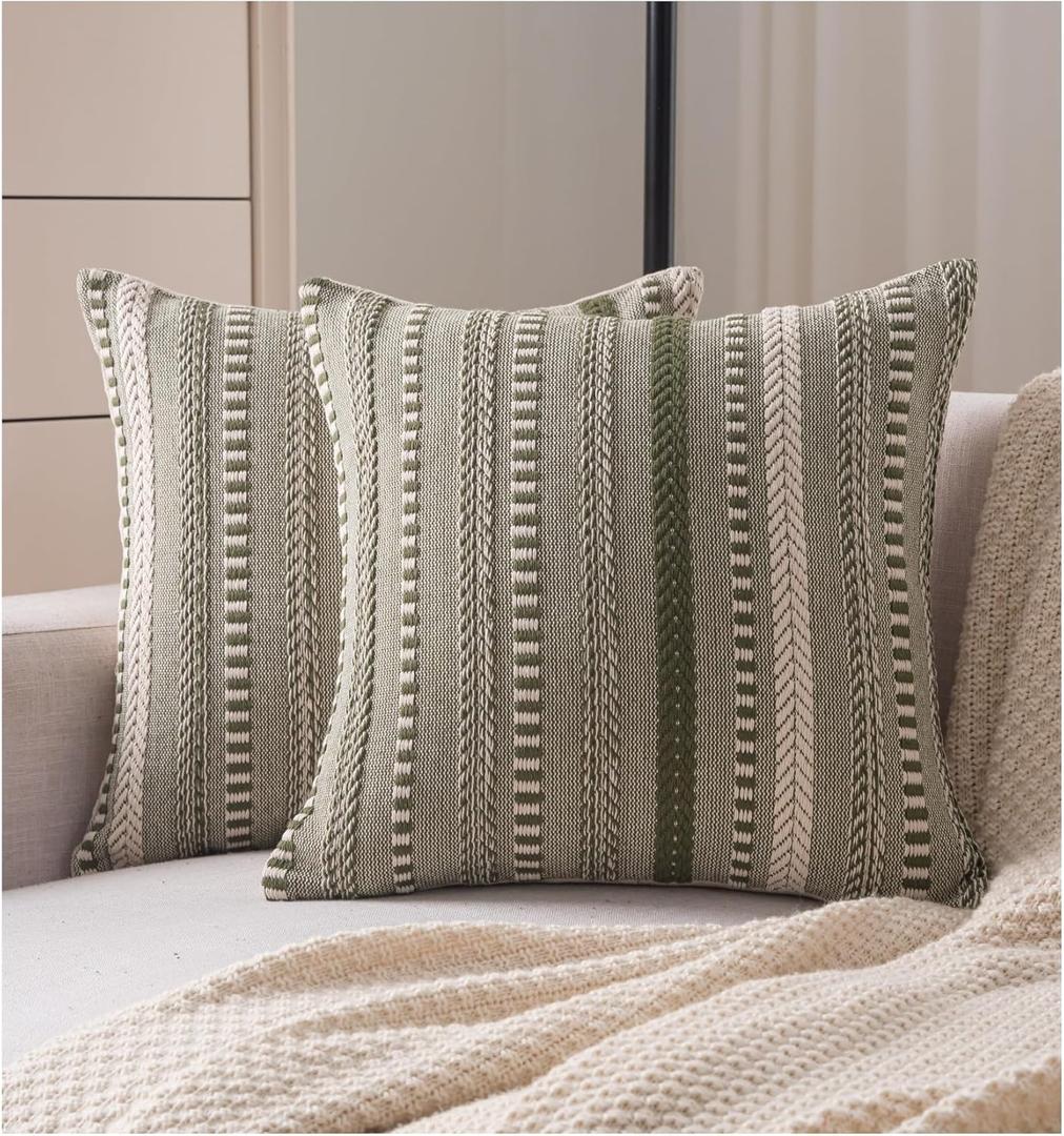 Cethom Boho Throw Pillow Covers 18x18 Inch Set of 2, Farmhouse Decorative Couch Pillow Cases, Green Accent Pillows of Bed, Sofa Bedroom Living Room Home Decor Cushion Cover
