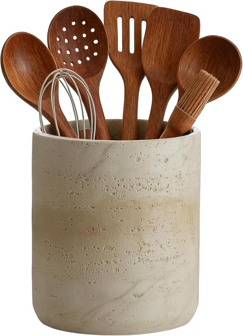 Natural Travertine Textures Kitchen Utensil Holder, 7.5" Large Heavy Resin Utensil Crock, Cooking Utensil Crocks for Kitchen Counter - Silicone Pad Anti Scratch, Non-Slip, Beige (Made of Resin)