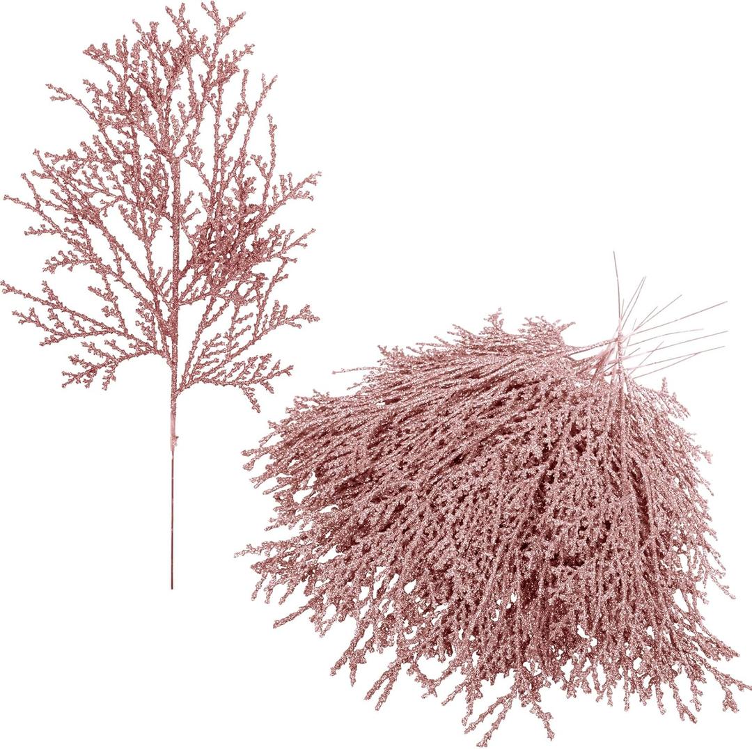 Winlyn 15 Pcs Christmas Artificial Cedar Sprays Rose Gold Glittered Faux Cedar Stems Christmas Tree Ornament Picks 14.4" for Rose Gold Christmas Tree Wreath Wedding Holiday Centerpiece DIY Project