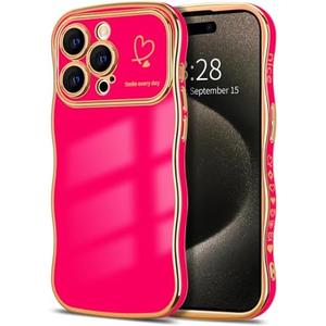 Hython for iPhone 15 Pro Max Case Wave Wavy Phone Cases with Love Heart, Luxury Plating Edge Cute Curly Shape Cover for Women Girls, Thin Slim Soft TPU Rubber Shockproof Protective Cover, Hot Pink, Set Of 2