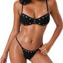 SherryDC Womens Sexy Studded Bikini Set Bandeau Cheeky High Cut Thong 2 Piece Swimsuits (Black, M)