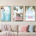 DRACIT Large Summer Beach Surfing Scene Framed Canvas Wall Art Set,Coastal Pink Van and Surfboards Wall Decor,Trendy Beach Swing Palm Trees Artwork for Living Room,Bedroom-16 x24 x3