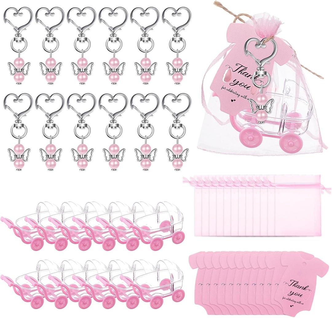 49 Pcs Baby Shower Party Favors Including Angel Keychains Baby Carriage Shaped Candy Boxes Thank You Card Organza Bag Guests Gift for Baby Shower Birthday Party Return Gift (Pink)