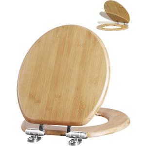 Angol Shiold ROUND Bamboo Toilet Seat with Quick Release Soft Close Adjustable Zinc Alloy Strong Hinges, Light, Easy to Install & Clean, Up to 400 lbs (Round 16.5", Natural Bamboo)