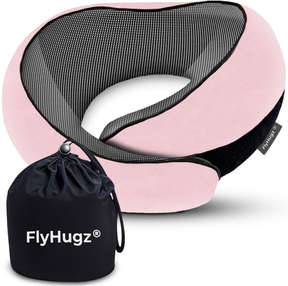 FlyHugz Neck Travel Pillow | Memory Foam Neck Pillow for Comfort on Airplane | Compact and Ergonomic Design for Travel, Car Rides, and Home Use | Ideal for Adults and Kids (Pink)