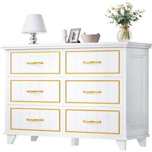 DWVO Farmhouse Wooden Dresser TV Stand with Power Outlet, 6-Drawer Dresser with Large Storage Drawers and Bar Handles, Ideal for Living Room, Hallway, 47.2" L x 15.7" W x 33.4" H - White & Walnut