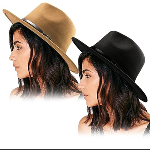 DRESHOW Women Belt Buckle Fedora Hat Classic Wide Brim Felt Panama Hat