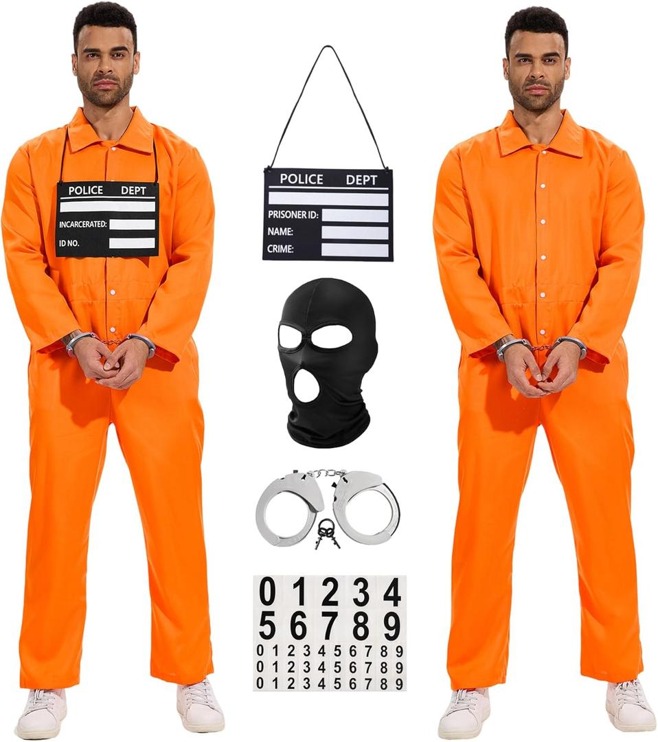 Prisoner Costume Men Orange Prisoner Jumpsuit for Halloween Costume Prison Inmate Outfit Jail Uniform (Orange)