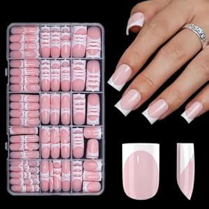 300Pcs Sharp Square French Tip Press On Nails-Anyos Gel Nail Tips Short, No File Need Tips Pre-Designed, Fake Nails for Nail Art DIY 15Sizes(Pink)