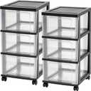 IRIS USA Plastic 3-Drawer Storage Organizer Rolling Cart, with Wheels Casters, 2-Pack, for Classroom Art Supplies Bathroom Dorm Bedroom Laundry Room, Slim Narrow, Black/Clear