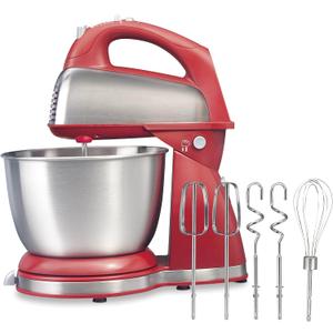 Hamilton Beach Classic Stand and Hand Mixer, 4 Quarts, 6 Speeds with QuickBurst, Bowl Rest, 290 Watts Peak Power, Red (64654)