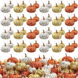 48 Pcs Thanksgiving Tree Decorations Fall Pumpkin Ornaments for Tree Small Artificial Glitter Pumpkin Hanging Ornaments for DIY Craft Harvest Farmhouse Fall Thanksgiving Decor(Classic Color)