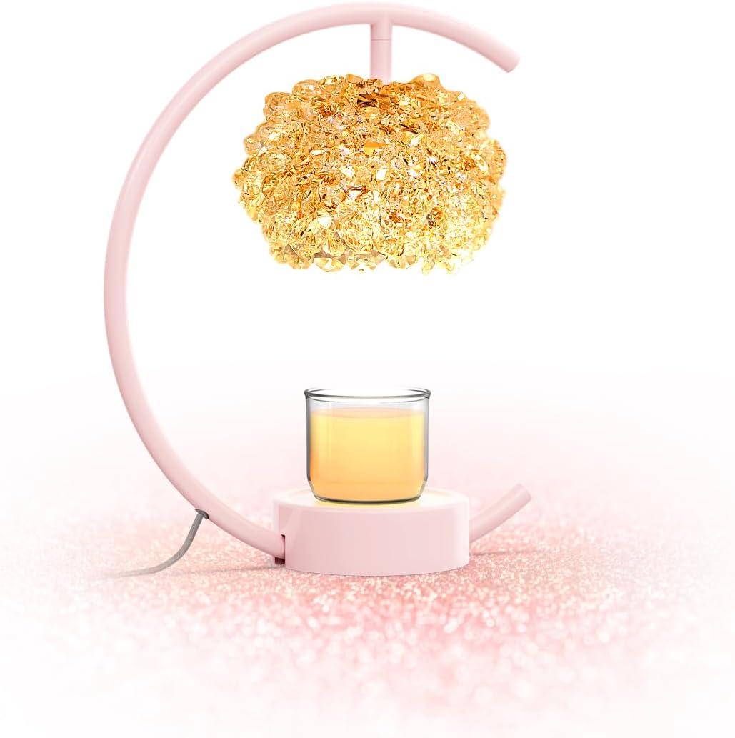 Pink Candle Warmer Lamp for Jar Candles with Adjustable BrightnessTimerHandcrafted CrystalWooden Base,Candle Lamp Luxurious Design+2Bulbs,Home Decoration Electric Candle lamp(C-Shaped)