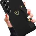 Compatible with Samsung Galaxy S23 Case for Women Girls, Cute Gold Love Heart Pattern with Wrist Hand Holder Stand Soft Silicone Kickstand Protection Cover (Black)