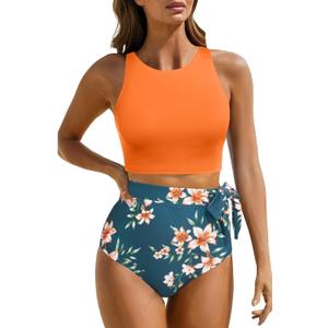Aqua Eve Women High Waisted Bikini Set Racerback Swimsuit Two Piece Bathing Suit High Neck Swimwear (Medium, Orange Flowers)