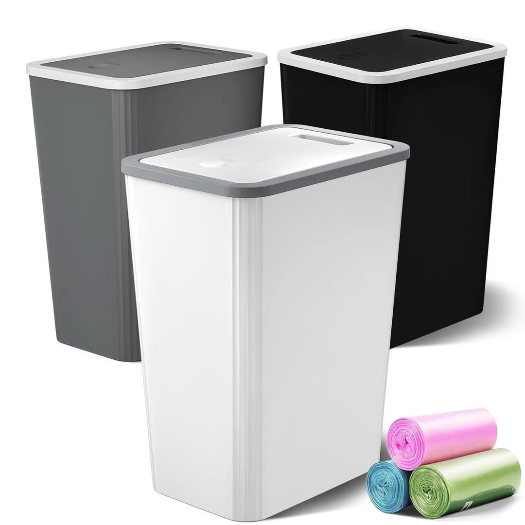 Small Trash Can, 3 Pack 4 Gallons Bathroom Garbage Can with Lid Press-Top, Small Waste Basket with Trash Bags, Slim Plastic Garbage Bin for Dorm, Office, Bedroom, Kitchen, Living Room (Multi) (Black & White &Grey)