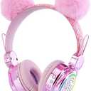 KORABA Kids Bluetooth Headphones with Microphone for School, LED Light Up Wireless Girls Headphones for Study/Tablet/Airplane/Online Learning (Pink)