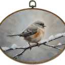 LKETW Winter Bird Oval Wall Art Decor, Rustic Winter Oval Canvas Hanging Decor, Snowy Cottagecore Farmhouse Bird Wall Decorations for Home Bedroom Living Room, 8.6x11.4 Inch (Christmas Winter brid)