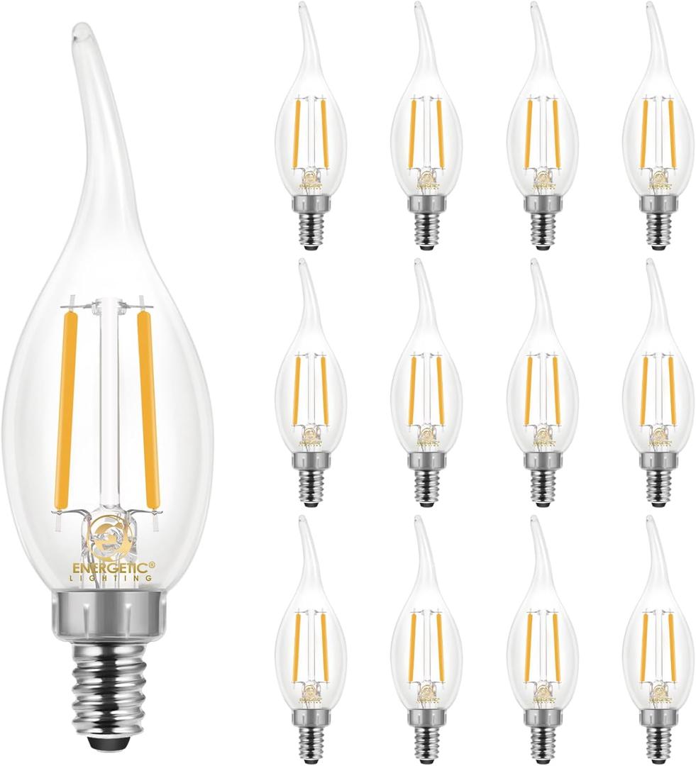 Energetic 12 Pack Dimmable Candelabra Led Light Bulb, CA11 Shape,Flame Tip Style, 60 Watt Equivalent, 2700K Soft White, E12 Base, Led Candelabra Bulb,CRI 90+, Halloween Christmas Decoration