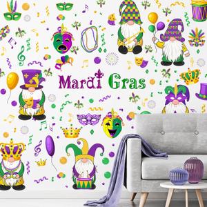 Capoda 135 Pieces Mardi Gras Wall Stickers, 6 Sheets Mardi Gras Wall Decorations Gnome Mask Stickers Decals Classroom Wall Clings for Wall Glass Car Mardi Gras Party Carnival Masquerade Decoration