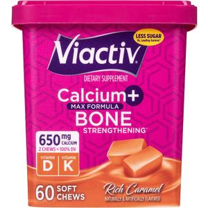 Viactiv Calcium + Vitamin D Supplement Soft Chews for Women & Men - Chewable Calcium for Bone Health Support, 650 mg per Serving, Vitamin D & K for High Absorption - 60 Count, Caramel