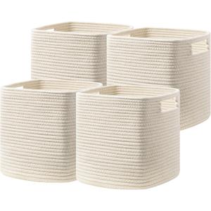 UBBCARE Set of 4 Storage Cubes-11 X 10.5 X 10.5 In, Cotton Rope Basket for Shelves, Toys, Book, Cube Storage Bin with Handles, Woven Storage Basket for Organizing, Beige
