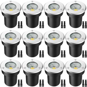 LED Landscape Lights, 12 Pack 7W Ground Lights With 24 Connectors, Low Voltage In-Ground Well Pathway Lighting, Daylight White, Waterproof for Driveway, Deck, Garden